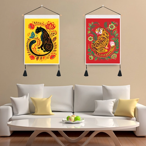 Wall Hanging Scroll Tapestry Cotton Polyester Fabric Ethnic Animal Tiger Panther Illustration Wooden Rod Tassels Art