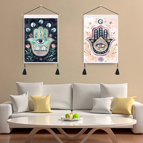 Arazzo Da Parete Bohemien Mano Di Hamsa Malocchio Fasi Lunari Banner In Cotone Lino Con Asta In Legno E Nappine Decorazione Mistica