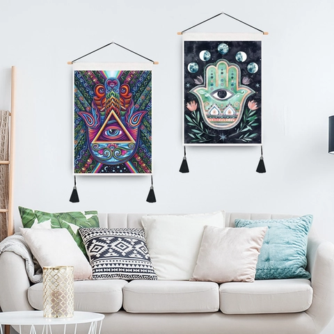 Arazzo Da Parete Bohemien Mano Di Hamsa Malocchio Fasi Lunari Banner In Cotone Lino Con Asta In Legno E Nappine Decorazione Mistica