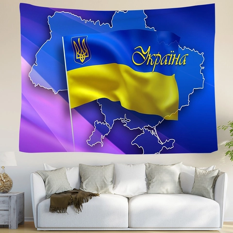 Ukraine National Flag Map Tapestry Polyester Wall Hanging Home Decor Trident Emblem Background Fabric Decorative Art Tapestry