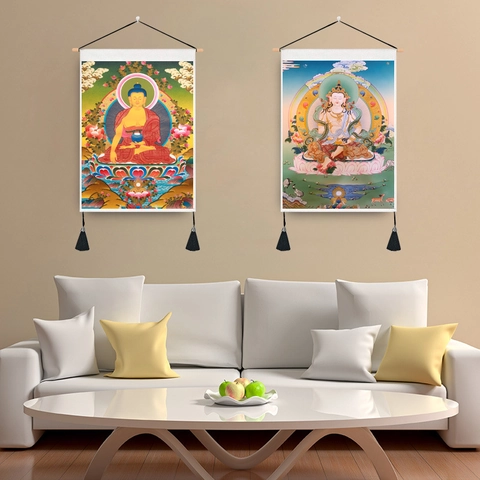 Buddhist Buddha Thangka Wall Hanging Scroll Poly-Cotton Fabric With Wood Pole And Tassel Zen Meditation Art Decor