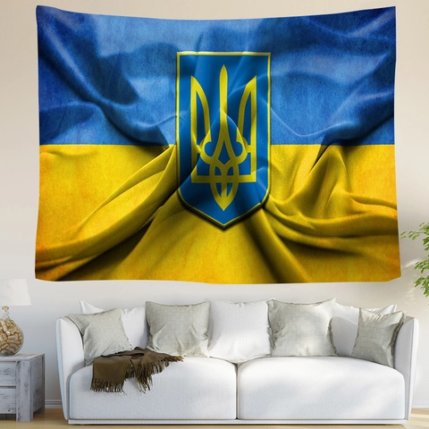 Ukraine National Flag Map Tapestry Polyester Wall Hanging Home Decor Trident Emblem Background Fabric Decorative Art Tapestry