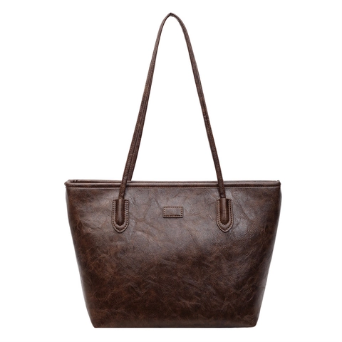 Vintage PU Leather Tote Bag Large Capacity Casual Commute Shoulder Handbag For Women Simple Solid Color Textured