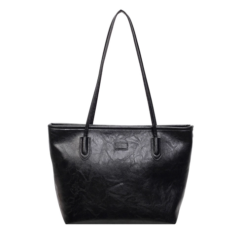 Vintage PU Leather Tote Bag Large Capacity Casual Commute Shoulder Handbag For Women Simple Solid Color Textured