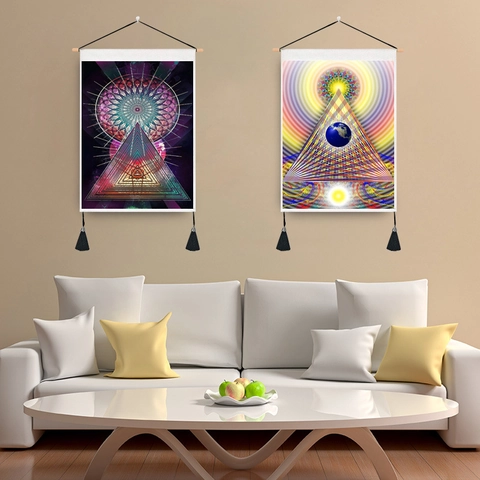 Heilige Geometrie Mandala Wandteppich Polyester Baumwolle Mit Holzstange Und Quasten Sternenhimmel Mond Erde Nordischer Stil