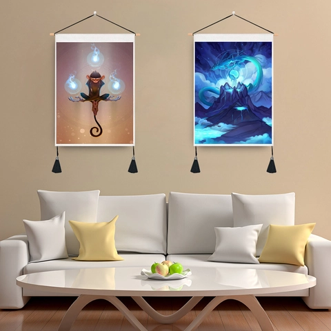 Fantasie Affe Drache Wandbehang Scroll Tapisserie Polyester Baumwolle Kunst Deko Für Zuhause Mit Holzstab Quasten