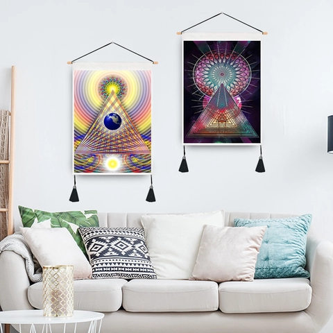 Heilige Geometrie Mandala Wandteppich Polyester Baumwolle Mit Holzstange Und Quasten Sternenhimmel Mond Erde Nordischer Stil