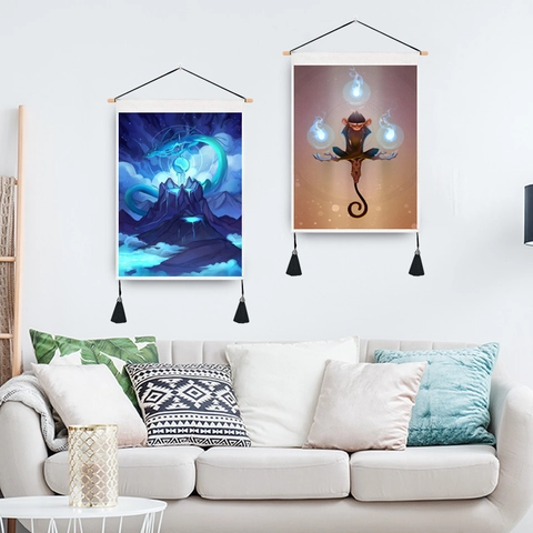 Fantasie Affe Drache Wandbehang Scroll Tapisserie Polyester Baumwolle Kunst Deko Für Zuhause Mit Holzstab Quasten