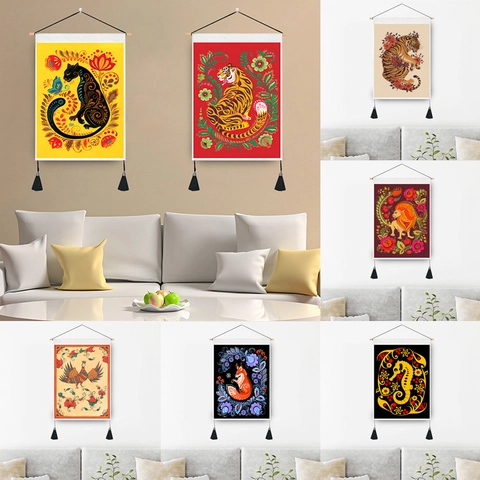 Wall Hanging Scroll Tapestry Cotton Polyester Fabric Ethnic Animal Tiger Panther Illustration Wooden Rod Tassels Art