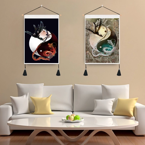 Wall Hanging Tapestry Scroll Yin Yang Dragon Phoenix Pattern Polyester Cotton Fabric With Wood Pole And Tassels Home Decor