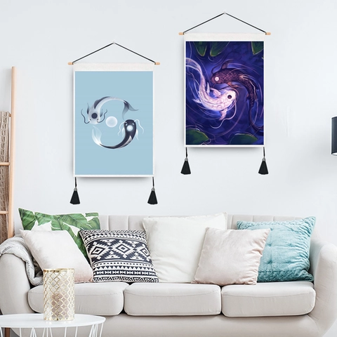 Wall Hanging Tapestry Scroll Yin Yang Dragon Phoenix Pattern Polyester Cotton Fabric With Wood Pole And Tassels Home Decor