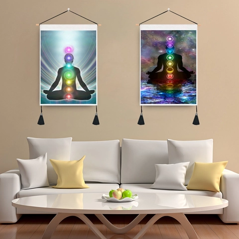 Yoga Meditatie Chakra Wandtapijt Hangende Rol Polyester Katoen Stof Met Houten Roede En Kwasten Spirituele Zen Decor