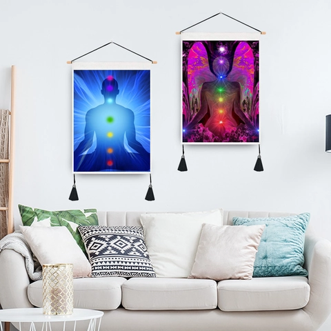 Yoga Meditatie Chakra Wandtapijt Hangende Rol Polyester Katoen Stof Met Houten Roede En Kwasten Spirituele Zen Decor