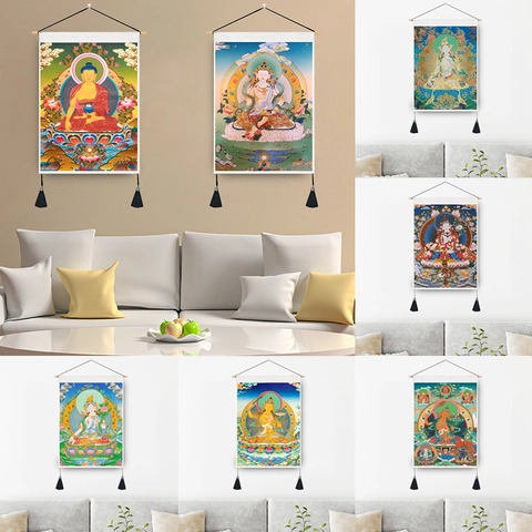 Buddhist Buddha Thangka Wall Hanging Scroll Poly-Cotton Fabric With Wood Pole And Tassel Zen Meditation Art Decor