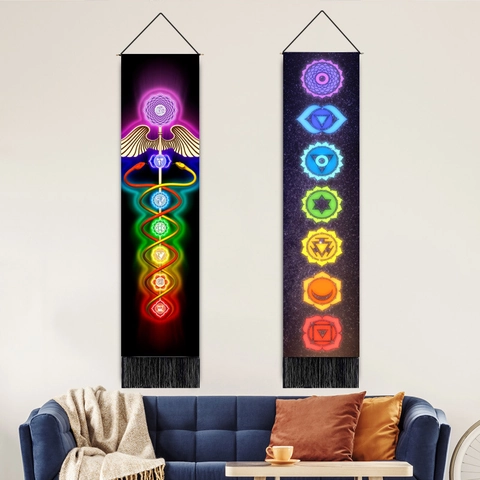 Chakra Meditation Wandteppich Polyester Baumwolle Vertikale Rolle Mit Quaste Spirituelle Yoga Zimmer Deko