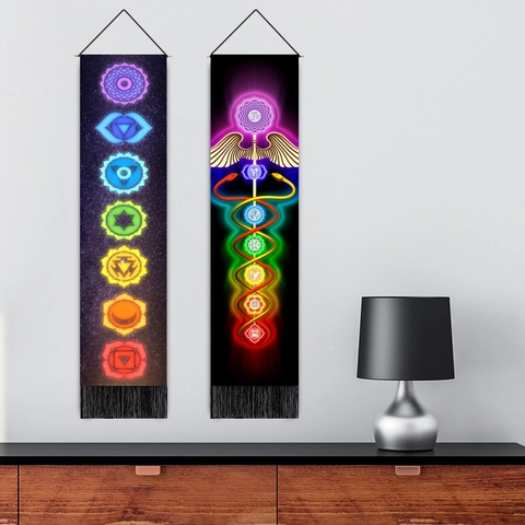 Chakra Meditation Wandteppich Polyester Baumwolle Vertikale Rolle Mit Quaste Spirituelle Yoga Zimmer Deko