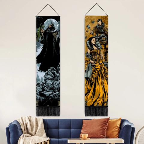 Vertical Long Wall Hanging Tapestry Cotton Linen Illustration Art Decoration With Black Tassels And Hanging Rod