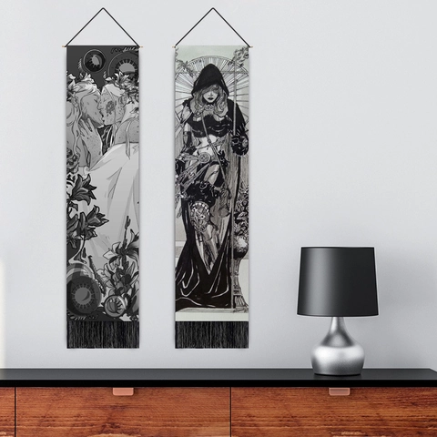 Vertical Long Wall Hanging Tapestry Cotton Linen Illustration Art Decoration With Black Tassels And Hanging Rod