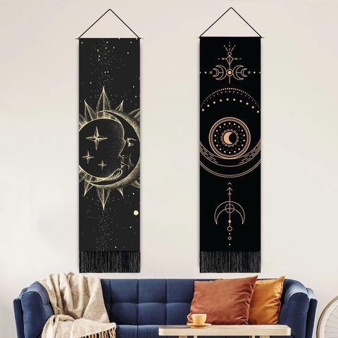 Celestial Moon Phase Sun Tapestry Wall Hanging Polyester Cotton Vertical Long Art With Wooden Rod Tassels Mystical Decor