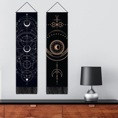 Celestial Moon Phase Sun Tapestry Wall Hanging Polyester Cotton Vertical Long Art With Wooden Rod Tassels Mystical Decor