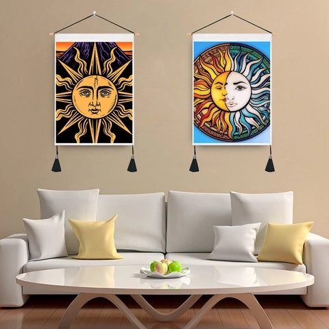 Bohemian Sun Moon Wall Tapestry Cotton Polyester Hanging Scroll Painting Wood Rod Tassel Vintage Celestial Tarot Decor