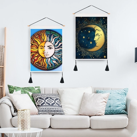 Bohemian Sun Moon Wall Tapestry Cotton Polyester Hanging Scroll Painting Wood Rod Tassel Vintage Celestial Tarot Decor