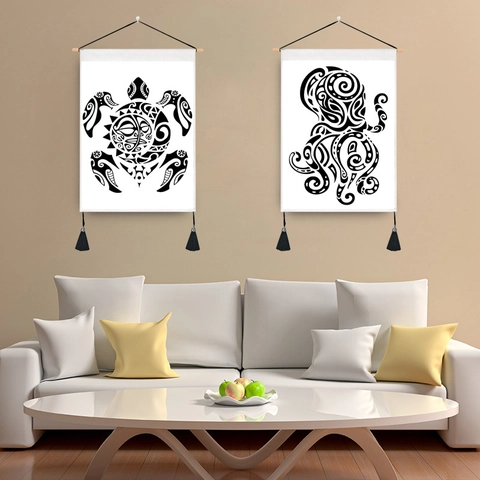 Stammesstil Wandbehang Wandteppich Meeresschildkröte Oktopus Gecko Dekorative Malerei Holzstab Quasten Leinwand Kunst