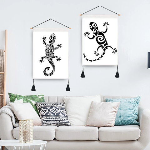Stammesstil Wandbehang Wandteppich Meeresschildkröte Oktopus Gecko Dekorative Malerei Holzstab Quasten Leinwand Kunst