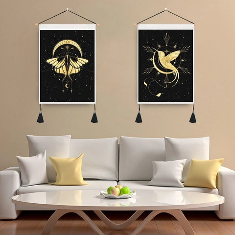 Boho Mystical Black Gold Wall Tapestry Wood Rod Tassel Moon Phases Zodiac Lion Moth Hummingbird Occult Art Home Decor Hanging