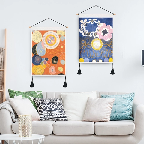 Arazzo Astratto Moderno da Parete Bohémien Geometrico Floreale Tela Artistica Con Asta in Legno Nappa Decorazione Murale Casa