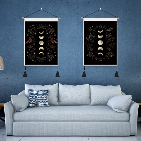 Moon Phase Floral Wall Hanging Tapestry Fabric With Wood Rod And Tassels Bohemian Retro Home Decor