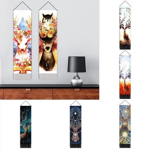 Nordic Style Vertical Wall Tapestry Watercolor Elk Deer Art Print With Wood Rod And Tassels Polyester Cotton Hanging Scroll Wall Decor For Living Room Bedroom