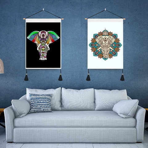 Modern Elephant Mandala Wall Tapestry Cotton Polyester Blend Decorative Hanging Painting With Wood Rod And Tassels Bohemian Wall Art