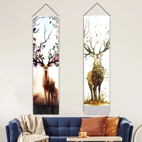 Nordic Style Vertical Wall Tapestry Watercolor Elk Deer Art Print With Wood Rod And Tassels Polyester Cotton Hanging Scroll Wall Decor For Living Room Bedroom