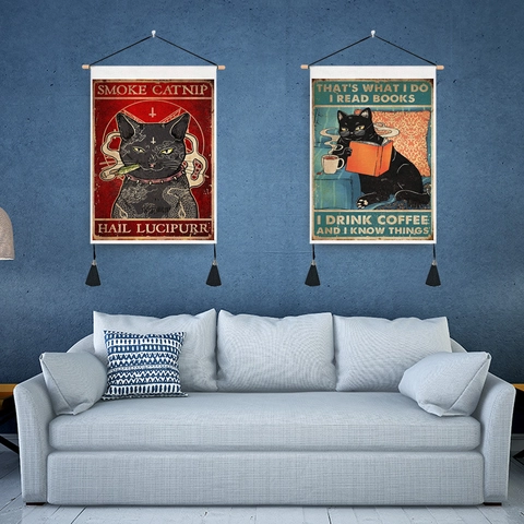 Retro Black Cat Tapestry Wall Hanging Funny Motivational Quote Art Fabric Scroll With Wood Rod And Tassels For Home Decor