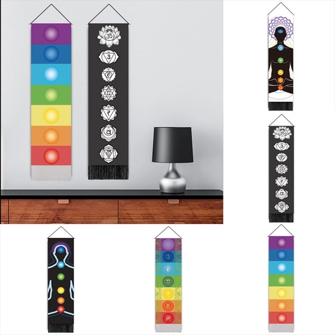 Nordic Style Seven Chakras Meditation Wall Tapestry With Wood Rod Tassels Polyester Cotton Scroll Painting Yoga Room Decor