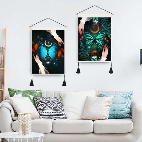 Mystical Mushroom Butterfly Wall Tapestry Hanging Scroll Polyester Cotton With Wooden Rod And Tassels Bohemian Home Decor