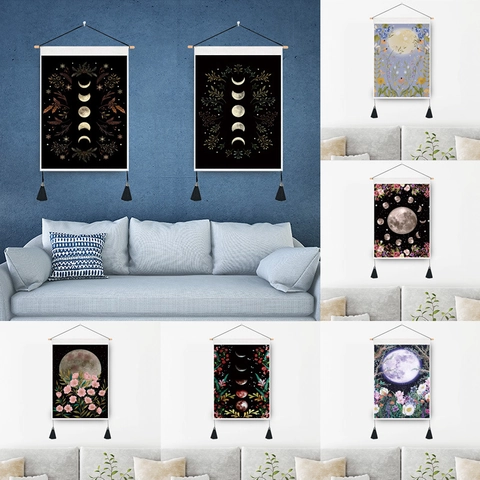 Moon Phase Floral Wall Hanging Tapestry Fabric With Wood Rod And Tassels Bohemian Retro Home Decor