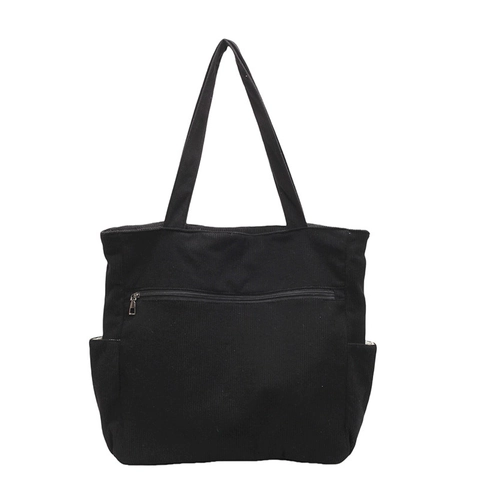 Corduroy Tote Bag Large Capacity Solid Color Shoulder Handbag With Front Zipper Pocket For Women Daily Casual