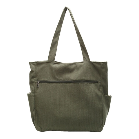 Corduroy Tote Bag Large Capacity Solid Color Shoulder Handbag With Front Zipper Pocket For Women Daily Casual