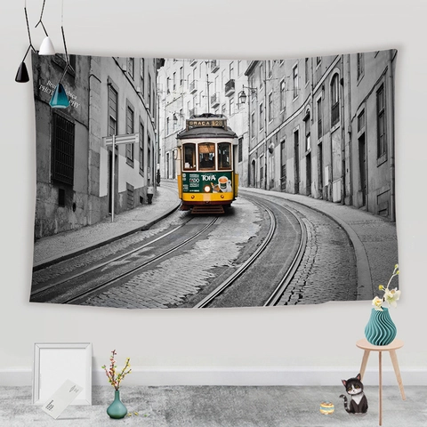 Arazzo Da Parete Scena Stradale Urbana Retrò Motivo Tram Tessuto Pelle Di Pesca Poliestere Per Camera Da Letto Arredamento Estetico