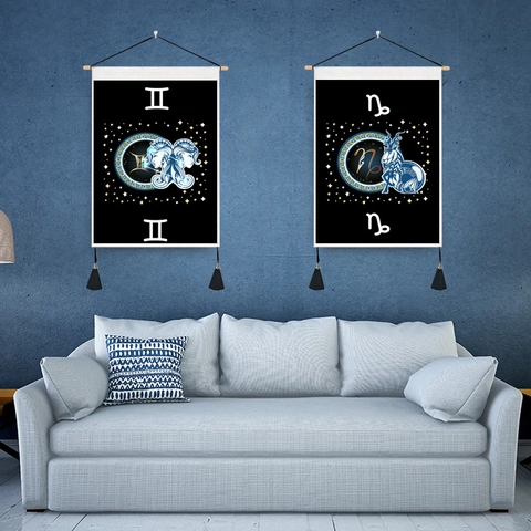 Zodiac Sign Wall Hanging Scroll Tapestry Polyester Cotton Fabric Wood Pole And Tassel Starry Sky Constellation Decor