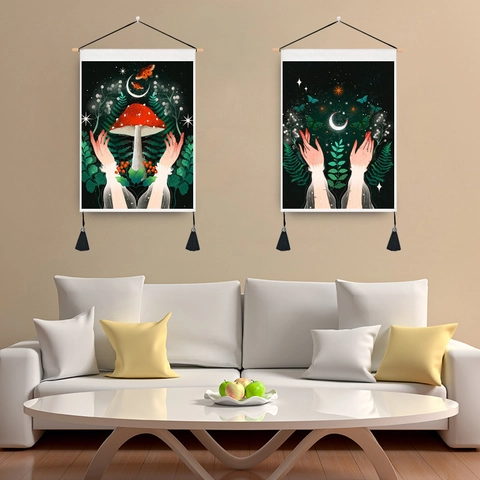 Mystical Mushroom Butterfly Wall Tapestry Hanging Scroll Polyester Cotton With Wooden Rod And Tassels Bohemian Home Decor