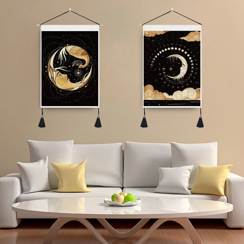 Arazzo da Parete Bohémien Sole Luna Con Gancio in Legno E Nappine Arte Murale Stelle Mistiche Per Camera Da Letto Soggiorno