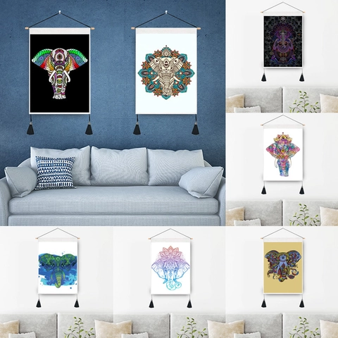 Modern Elephant Mandala Wall Tapestry Cotton Polyester Blend Decorative Hanging Painting With Wood Rod And Tassels Bohemian Wall Art