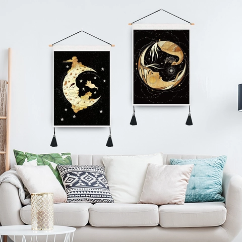 Arazzo da Parete Bohémien Sole Luna Con Gancio in Legno E Nappine Arte Murale Stelle Mistiche Per Camera Da Letto Soggiorno
