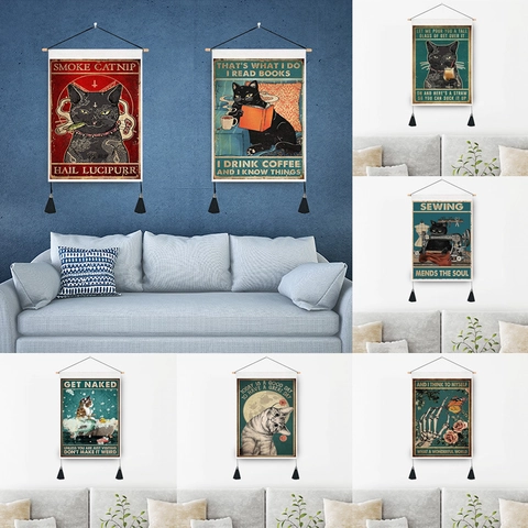 Retro Black Cat Tapestry Wall Hanging Funny Motivational Quote Art Fabric Scroll With Wood Rod And Tassels For Home Decor