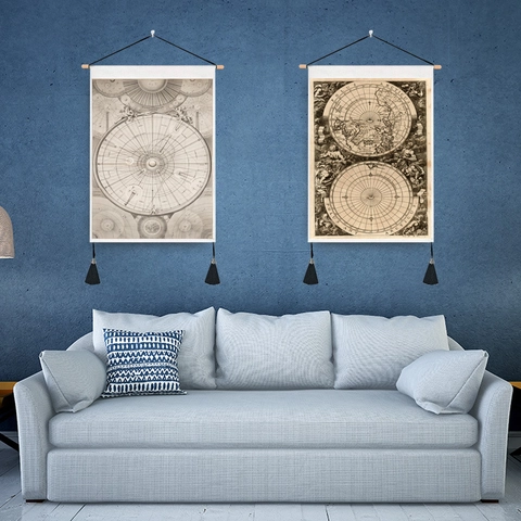 Vintage World Map Constellation Wall Hanging Tapestry With Wooden Rod And Tassels Polyester Cotton Retro Nautical Art