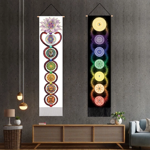 Vertical Hanging Tapestry Bohemian Chakra Mandala Wall Art Scroll Polyester Cotton Wood Rod Tassels Yoga Meditation Decor