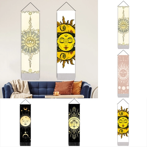 Arazzo da Parete Boho Mistico Sole e Luna Con Asta in Legno Nappa Arte da Parete Astrologia Celeste Decorazione Casa